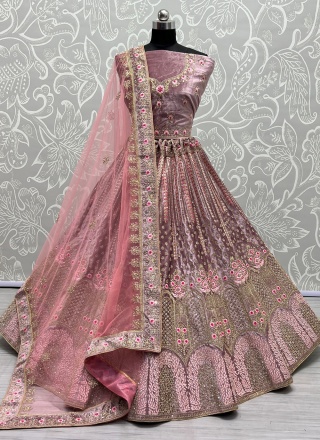 Pink Dori Work Velvet A Line Lehenga Choli