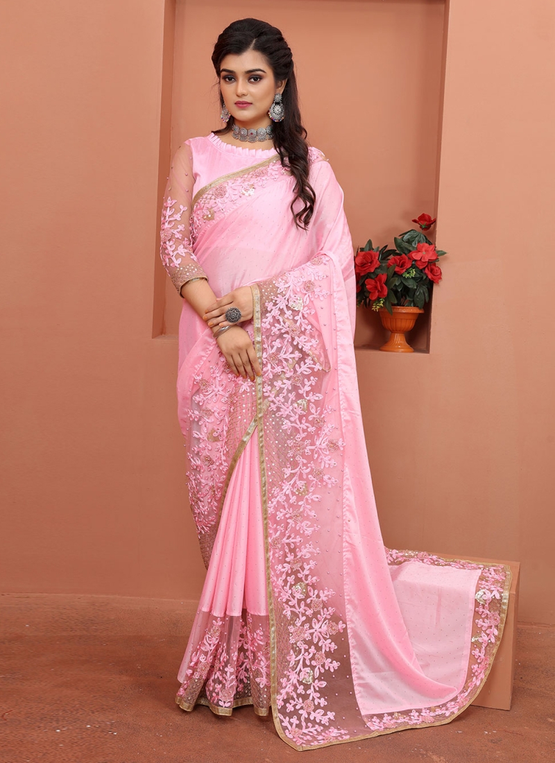 Pink Embroidered Silk Designer Saree