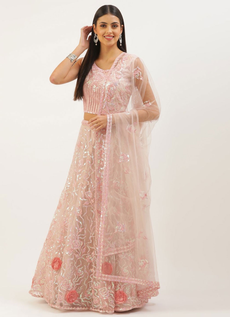 Pink Net Embroidered A Line Lehenga Choli