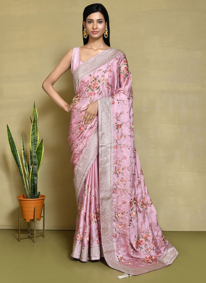 Pink Satin Silk Woven Contemporary Style Saree