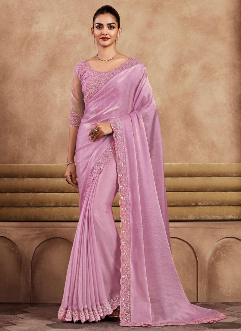 Pink Silk Embroidered Classic Saree