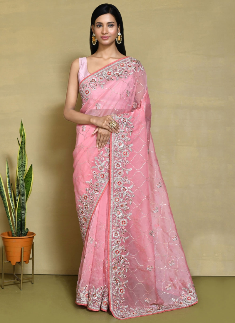 Pink Stone Work Satin Silk Contemporary Style Saree