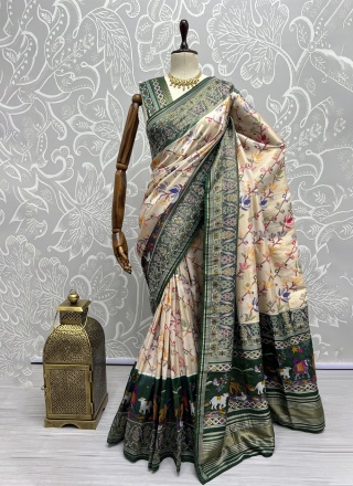 Piquant Weaving Cream and Green Classic Saree