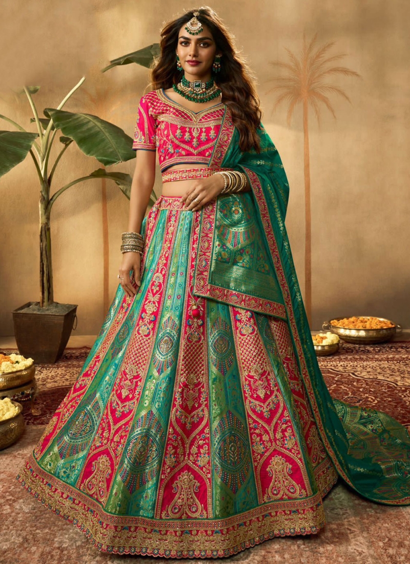 Precious Embroidered Green and Pink Banarasi Silk Trendy Lehenga Choli