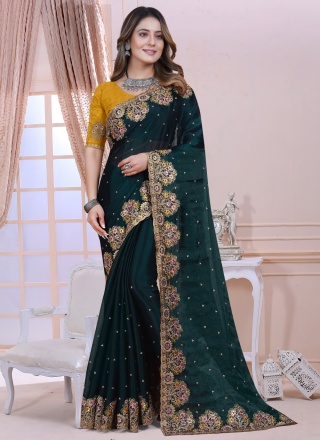 Preferable Embroidered Teal Trendy Saree