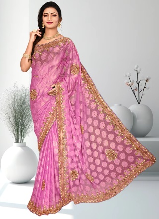 Pretty Shimmer Embroidered Pink Trendy Saree