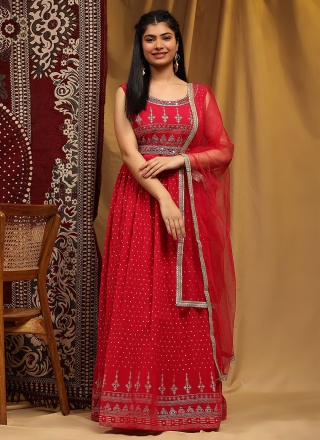 Print Georgette Designer Gown in Red