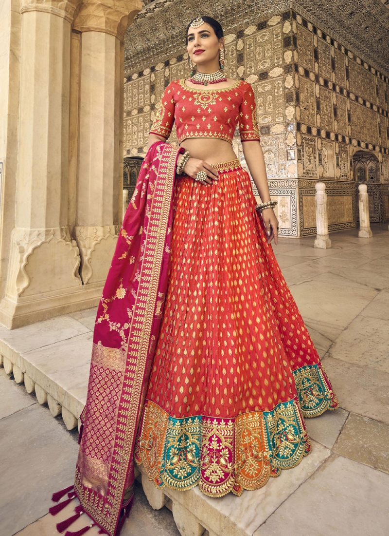 Prominent Embroidered Red Banarasi Silk Trendy Lehenga Choli