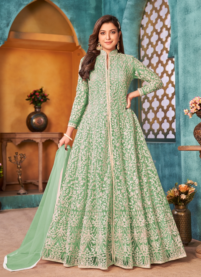 Prominent Sequins Green Net Designer Floor Length Salwar Suit