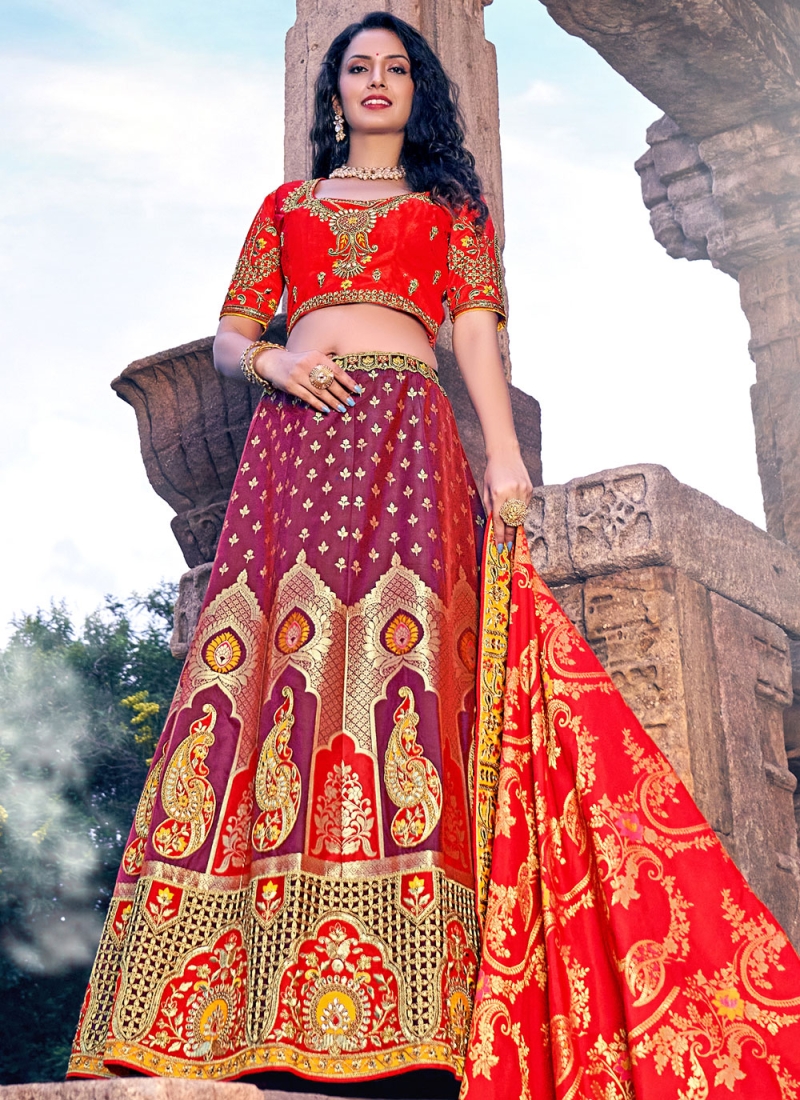 Purple Banarasi Silk Wedding A Line Lehenga Choli