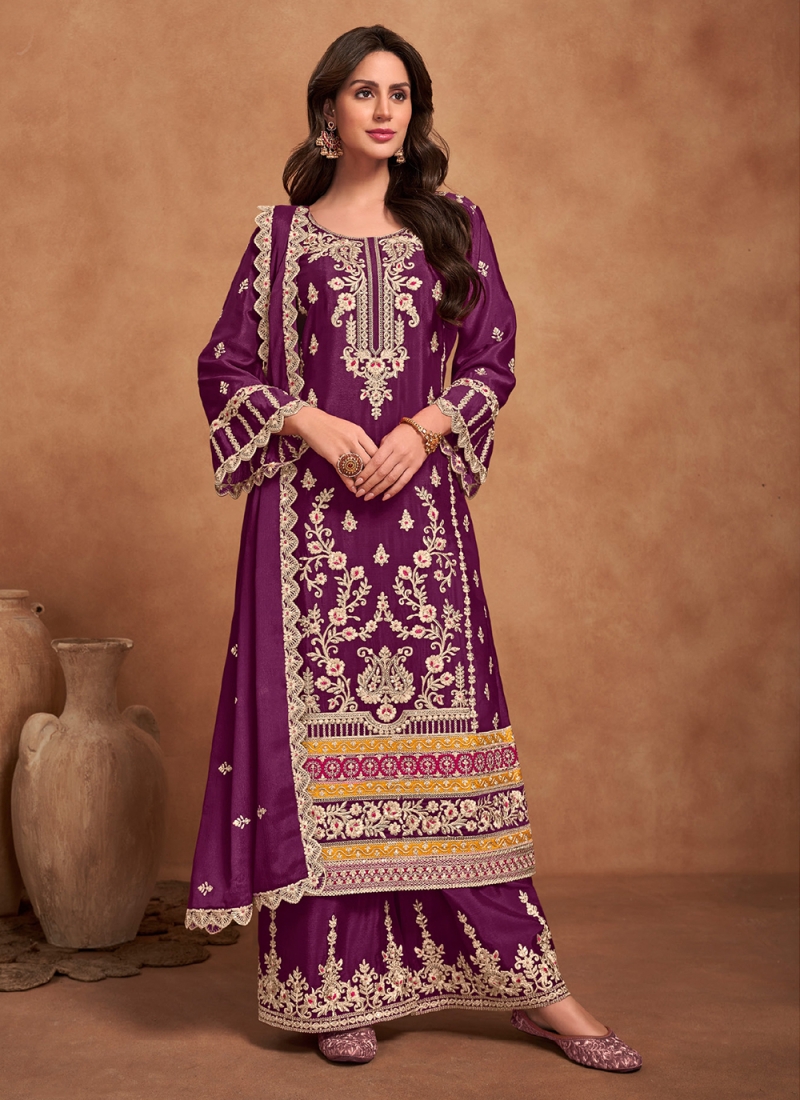 Purple Chinon Ceremonial Readymade Salwar Suit