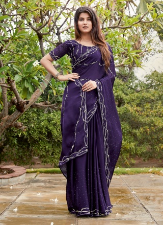 Purple Satin Silk Contemporary Style Saree