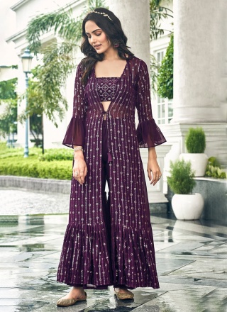 Purple Wedding Faux Georgette Readymade Salwar Kameez