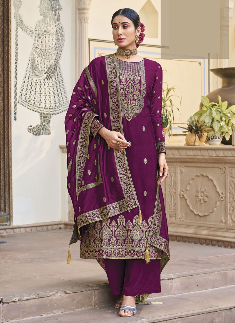 Purple Woven Ceremonial Palazzo Salwar Suit
