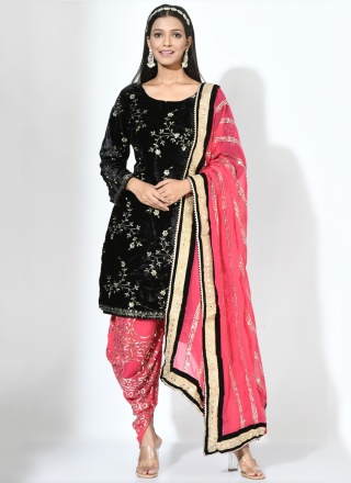 Readymade Salwar Kameez Embroidered Viscose in Black