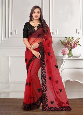Red Embroidered Sangeet Trendy Saree