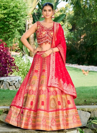 Red Embroidered Silk Readymade Lehenga Choli