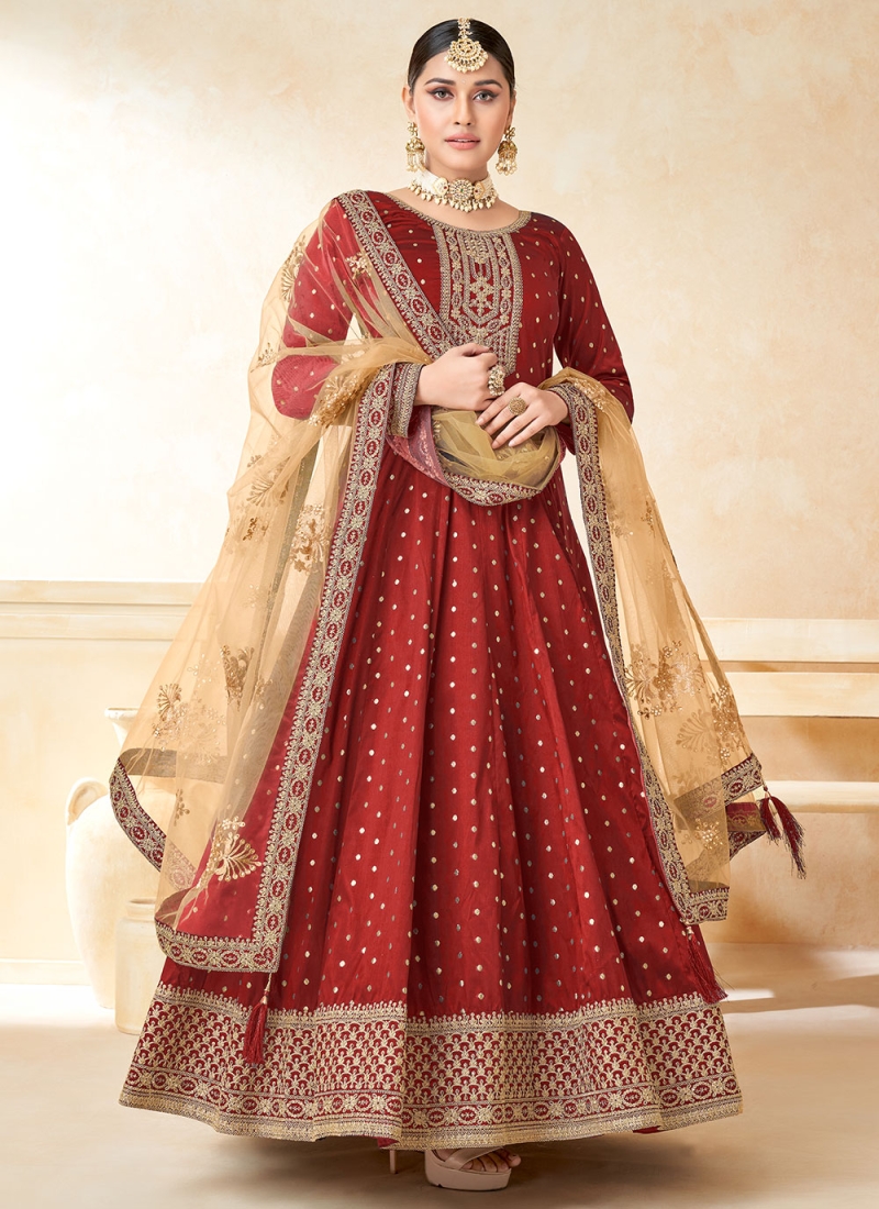 Red Embroidered Tafeta Silk Anarkali Salwar Kameez