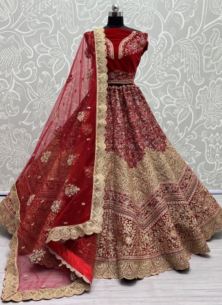 Red Engagement Velvet Designer Lehenga Choli