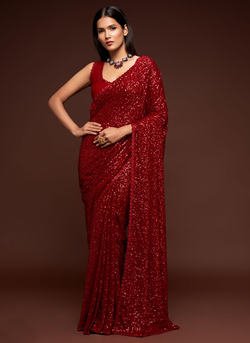 Red Faux Georgette Festival Classic Designer Saree