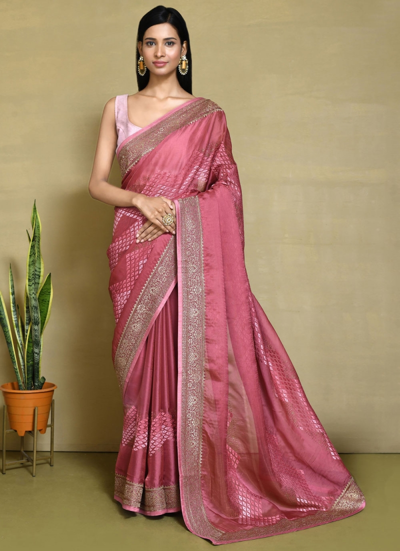 Red Satin Silk Woven Trendy Saree