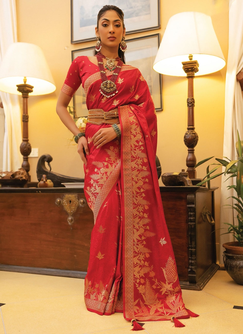 Red Satin Woven Classic Saree