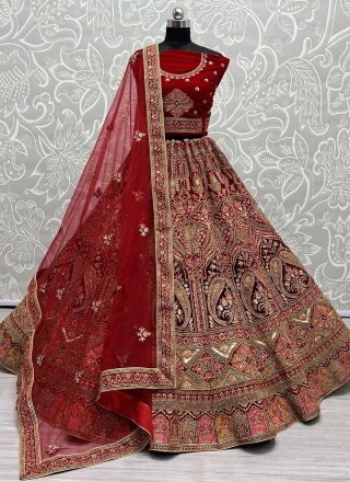 Red Thread Work Velvet Trendy Lehenga Choli