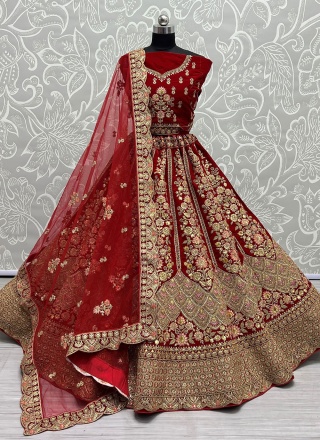 Red Velvet Mehndi A Line Lehenga Choli