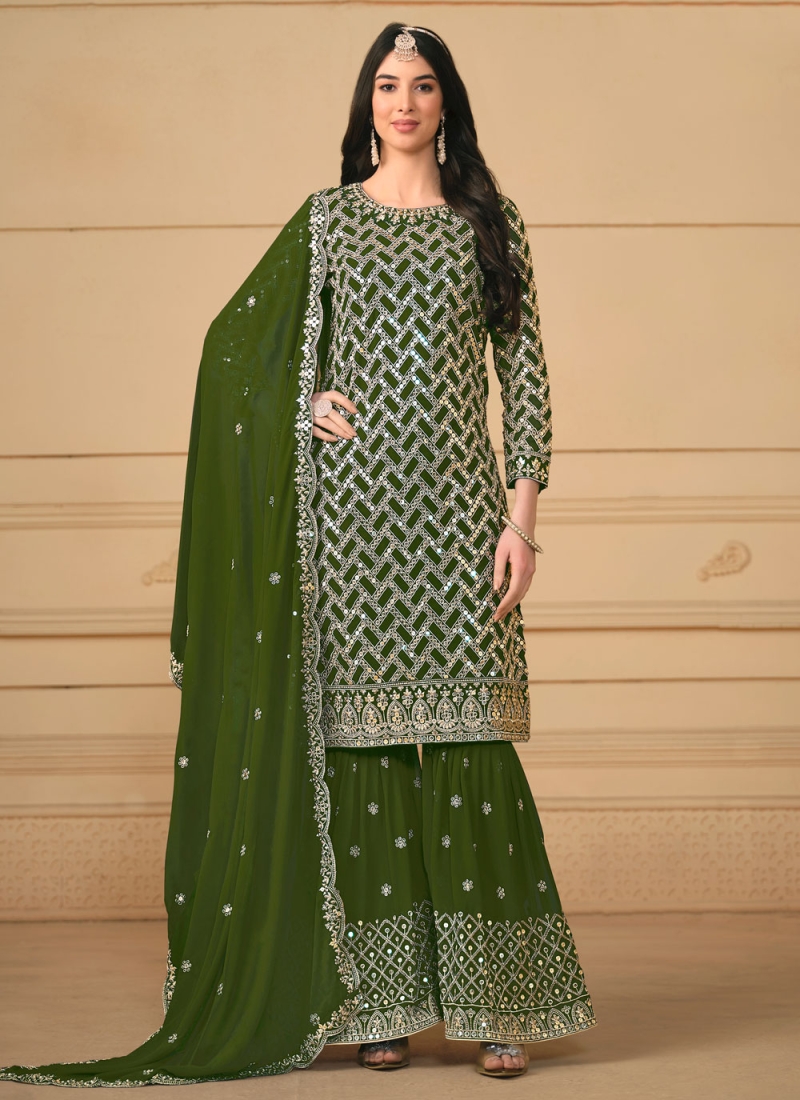 Refreshing Embroidered Faux Georgette Green Trendy Salwar Kameez