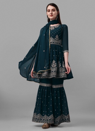 Refreshing Teal Embroidered Designer Salwar Kameez