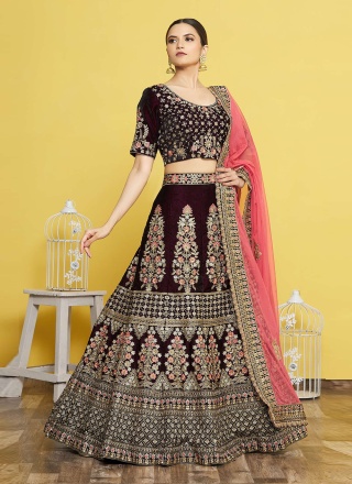 Remarkable Resham Wine Velvet Trendy Lehenga Choli