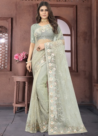 Remarkable Sea Green Patchwork Net Trendy Saree