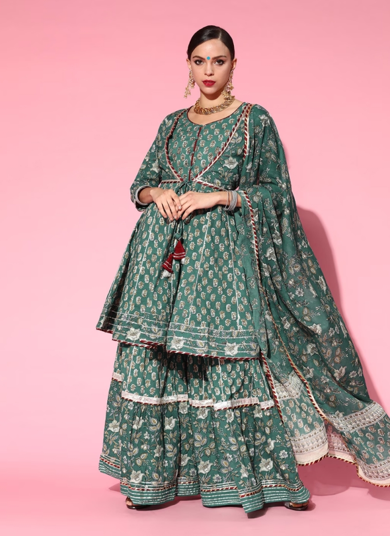 Renowned Green Printed Blended Cotton Readymade Salwar Kameez
