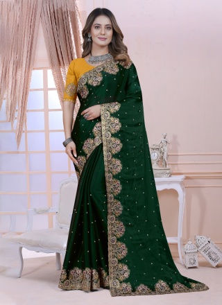 Renowned Green Satin Silk Contemporary Saree