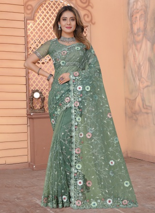 Renowned Net Sequins Green Classic Saree