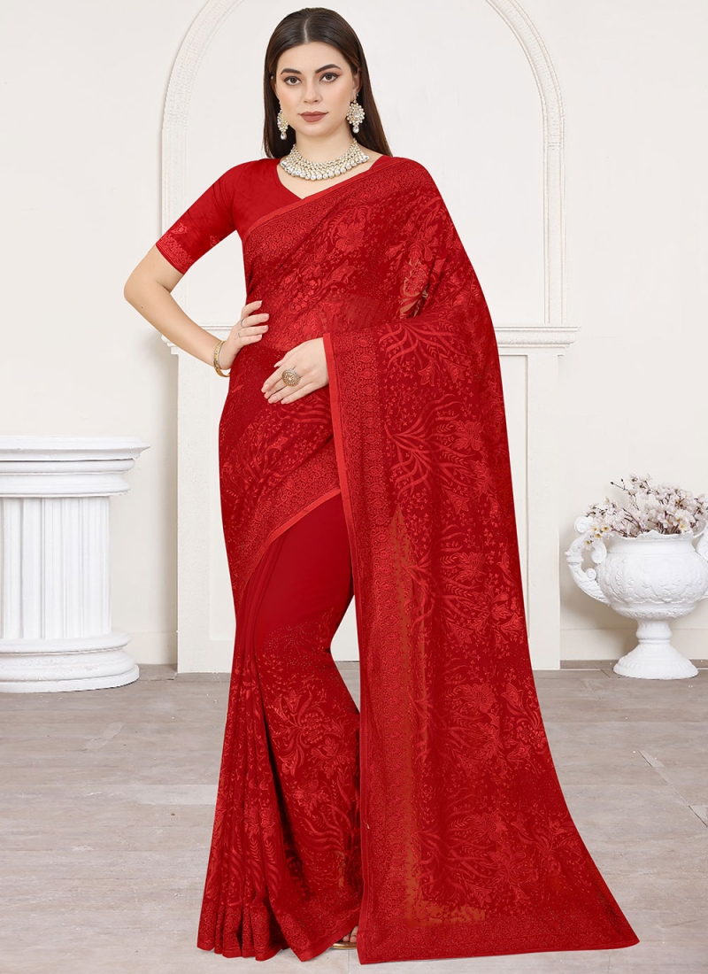Resham Georgette Classic Saree in Red