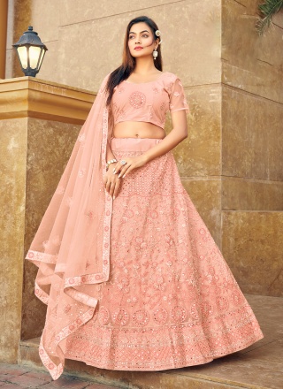 Resham Net Lehenga Choli in Peach