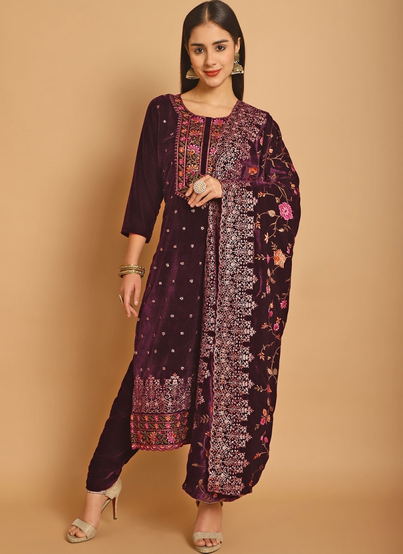 Resham Thread Work Velvet Trendy Salwar Suit in Wine