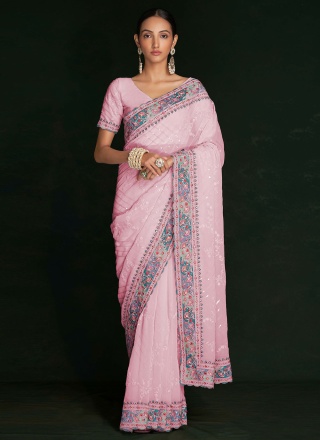 Riveting Georgette Lucknowi work Contemporary Saree