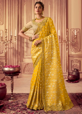 Riveting Yellow Chinon Designer Saree