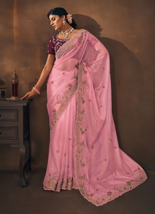 Rose Pink Embroidered Designer Saree