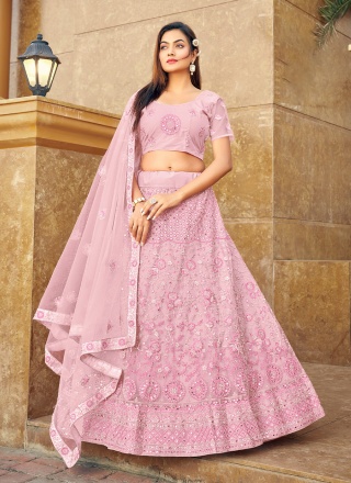 Rose Pink Mirror Net A Line Lehenga Choli