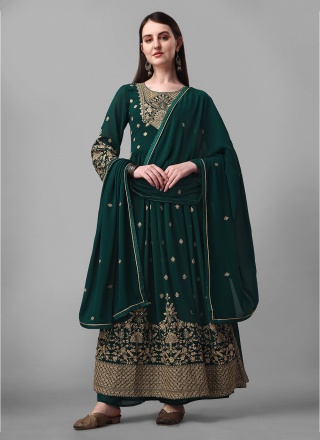 Royal Embroidered Faux Georgette Green Anarkali Suit