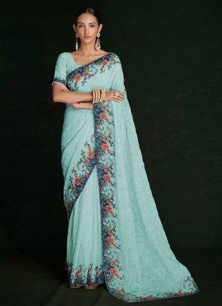 Royal Lucknowi work Turquoise Georgette Classic Saree