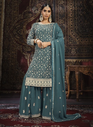 Ruritanian Faux Georgette Resham Teal Palazzo Salwar Kameez