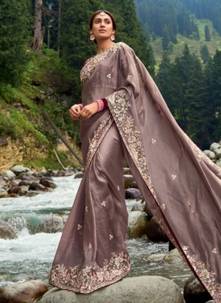 Saree Embroidered Silk in Brown