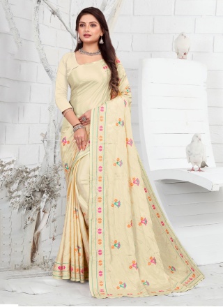 Saree Thread Work Faux Crepe in Yellow