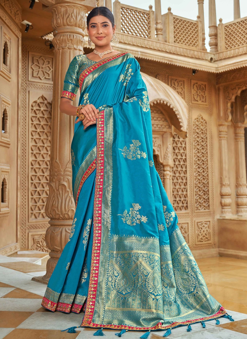 Saree Weaving Banarasi Silk in Aqua Blue