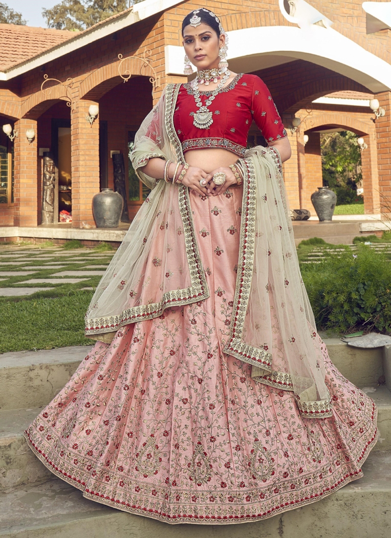 Satin Pink A Line Lehenga Choli