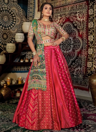 Satin Print Readymade Lehenga Choli in Rani